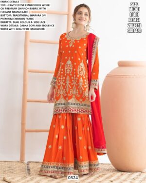 Chinon Embroidery Work Festive Wear Traditional Sharara Suit With Dual Colours Dupatta