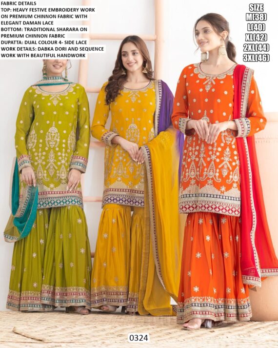 Chinon Embroidery Work Festive Wear Traditional Sharara Suit With Dual Colours Dupatta