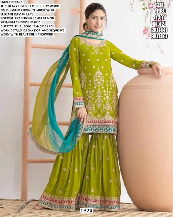 Chinon Embroidery Work Festive Wear Traditional Sharara Suit With Dual Colours Dupatta