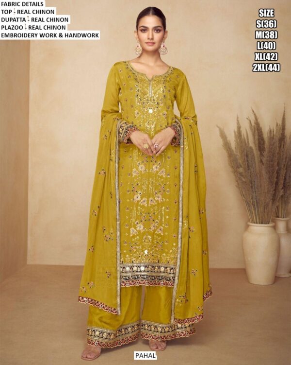 Shop Real Chinon Embroidered Kurta With Handwork And Includes Plazo And Dupatta