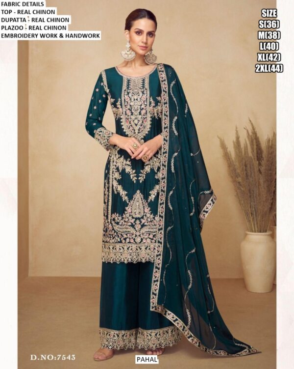 Shop Real Chinon Embroidered Kurta With Handwork And Includes Plazo And Dupatta