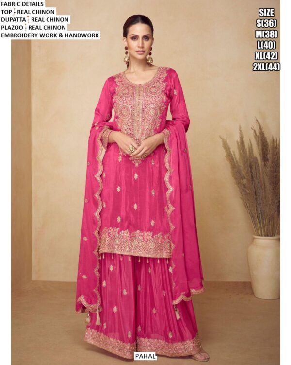 Shop Real Chinon Embroidered Kurta With Handwork And Includes Plazo And Dupatta