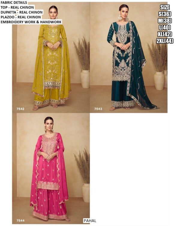 Shop Real Chinon Embroidered Kurta With Handwork And Includes Plazo And Dupatta