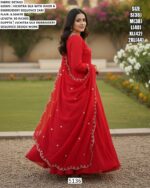 Red Colour Vichitra Silk Embroidered Wedding Wear Long Anarkali Gown With Dupatta