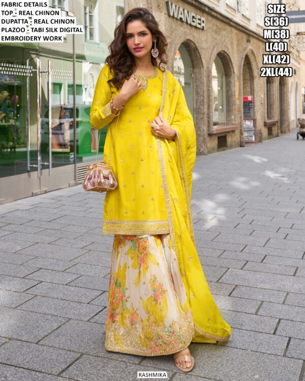 Fancy Worked Readymade Real Chinon Plazo Suits For Weddings And Festivals