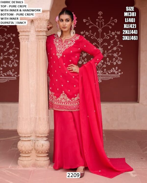 Pure Crepe Rani Pink Colour Readymade Salwar Kameez Work Crafted With Hand Work
