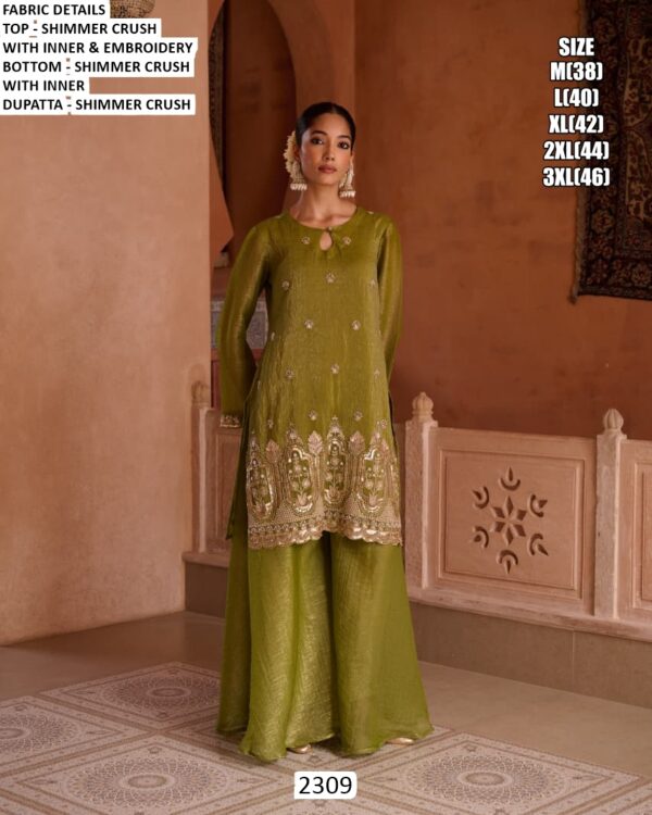 Step Into Subtle Elegance With This Shimmer Crush Embroidered Readymade Salwar Suits