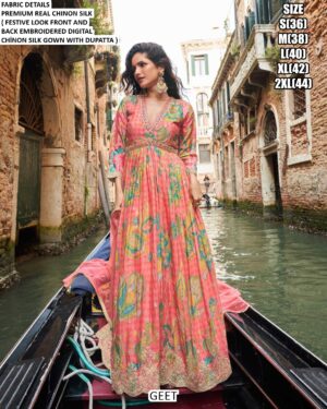 Presenting New Catalogue Geet, Premium Real Chinon Silk Embroidery Work Gown Collection