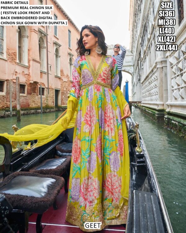 Presenting New Catalogue Geet, Premium Real Chinon Silk Embroidery Work Gown Collection