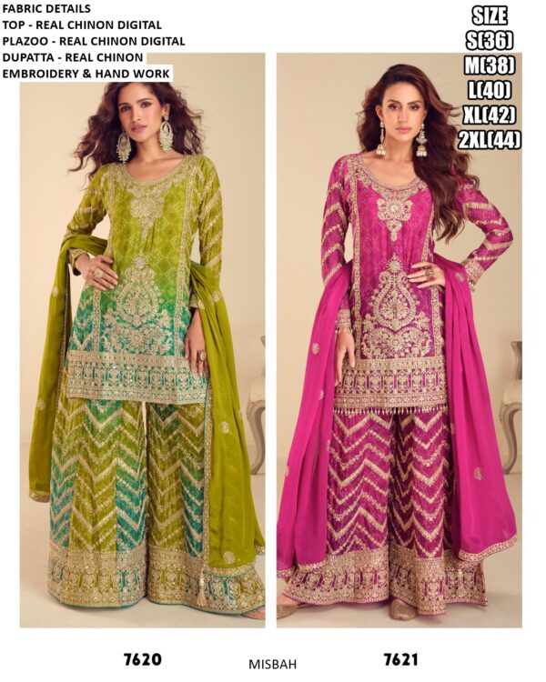 Real Chinon Wedding Wear Plazo Suit Set Designed With Intricate Embroidery And Digital Print Work