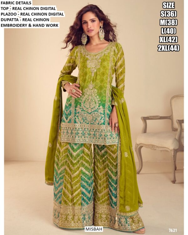 Real Chinon Wedding Wear Plazo Suit Set Designed With Intricate Embroidery And Digital Print Work