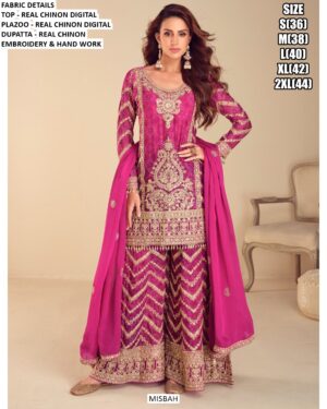 Real Chinon Wedding Wear Plazo Suit Set Designed With Intricate Embroidery And Digital Print Work