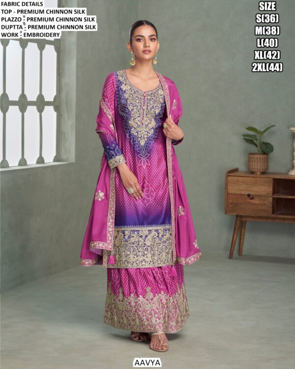 Wedding Wear Premium Chinon Silk Plazo Salwar Kameez With Embroidery Work