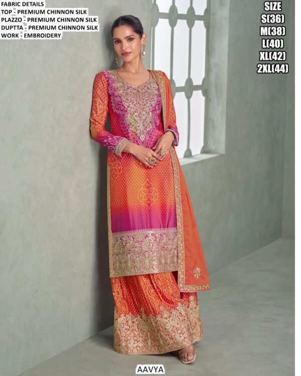 Wedding Wear Premium Chinon Silk Plazo Salwar Kameez With Embroidery Work
