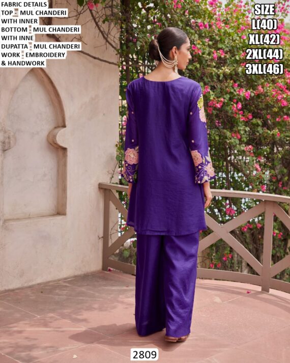 Buy Elegant Mul Chanderi Embroidery And Handwork Kurti With Plazo And Dupatta