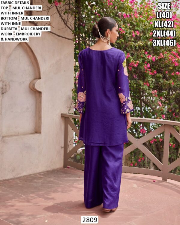 Buy Elegant Mul Chanderi Embroidery And Handwork Kurti With Plazo And Dupatta