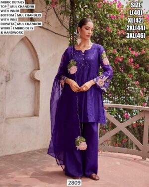 Buy Elegant Mul Chanderi Embroidery And Handwork Kurti With Plazo And Dupatta