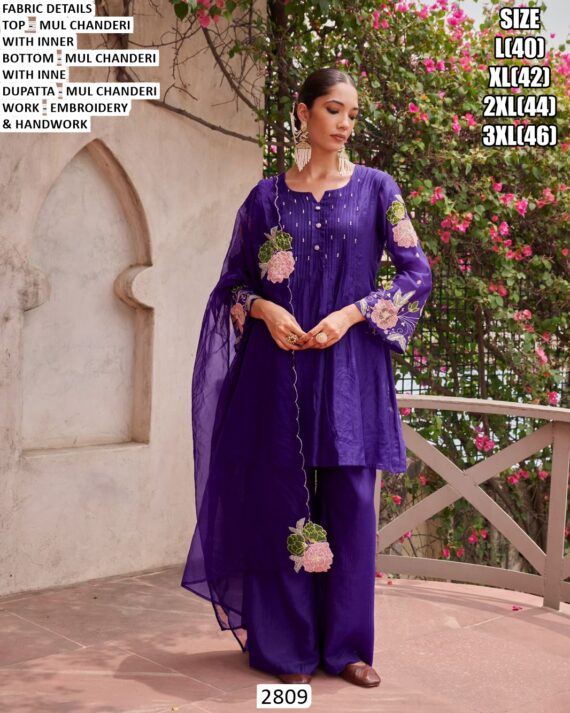 Buy Elegant Mul Chanderi Embroidery And Handwork Kurti With Plazo And Dupatta