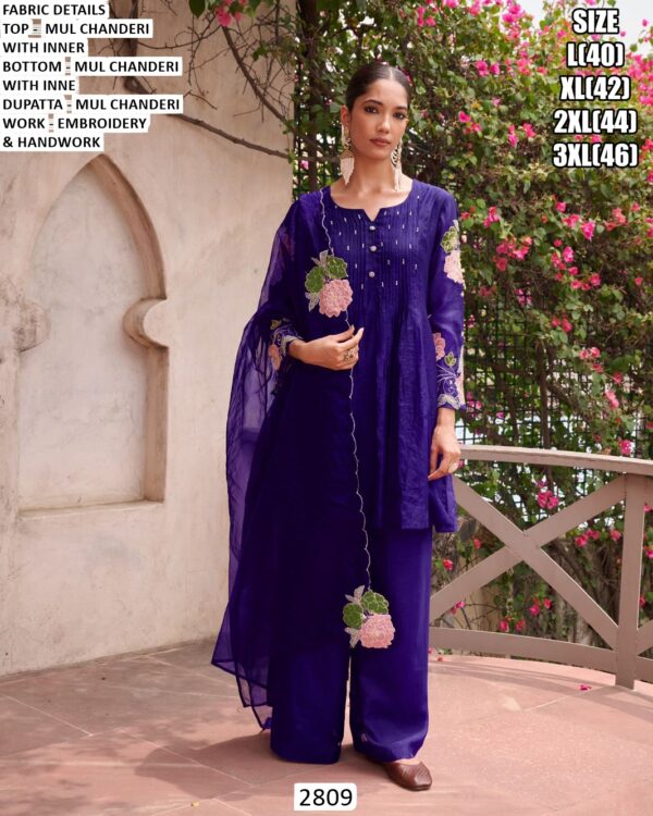 Buy Elegant Mul Chanderi Embroidery And Handwork Kurti With Plazo And Dupatta