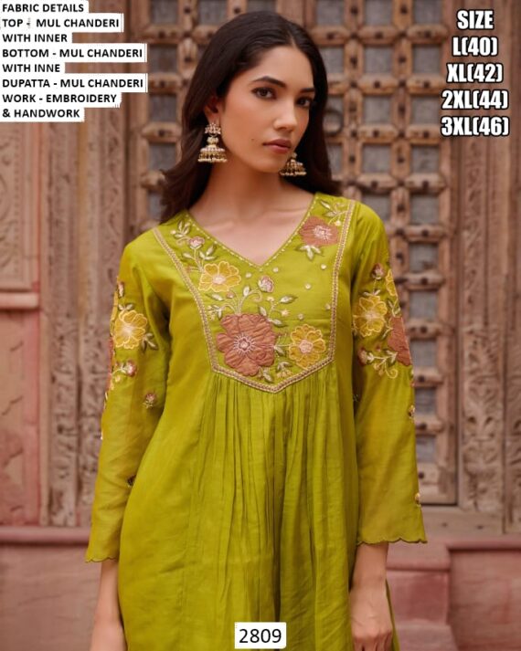 Buy Elegant Mul Chanderi Embroidery And Handwork Kurti With Plazo And Dupatta