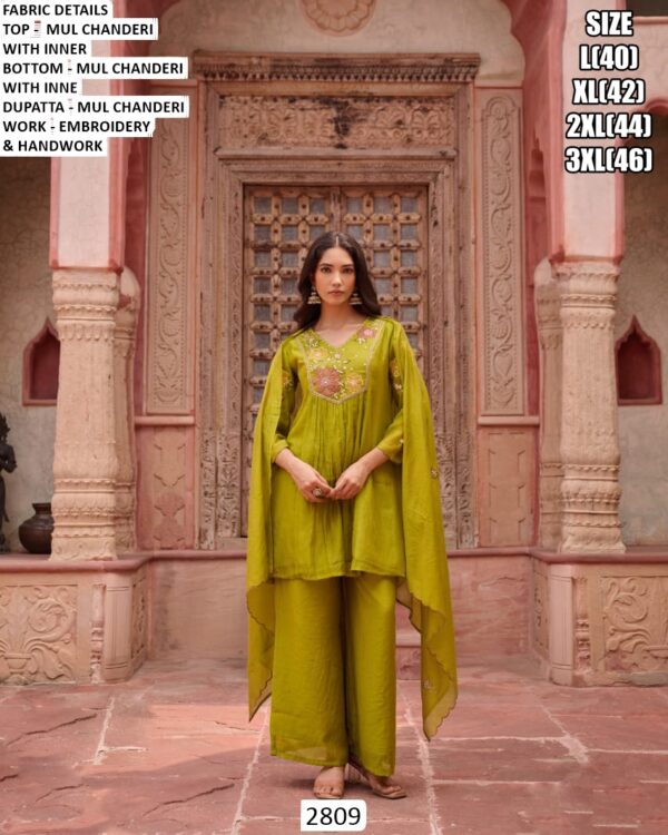 Buy Elegant Mul Chanderi Embroidery And Handwork Kurti With Plazo And Dupatta