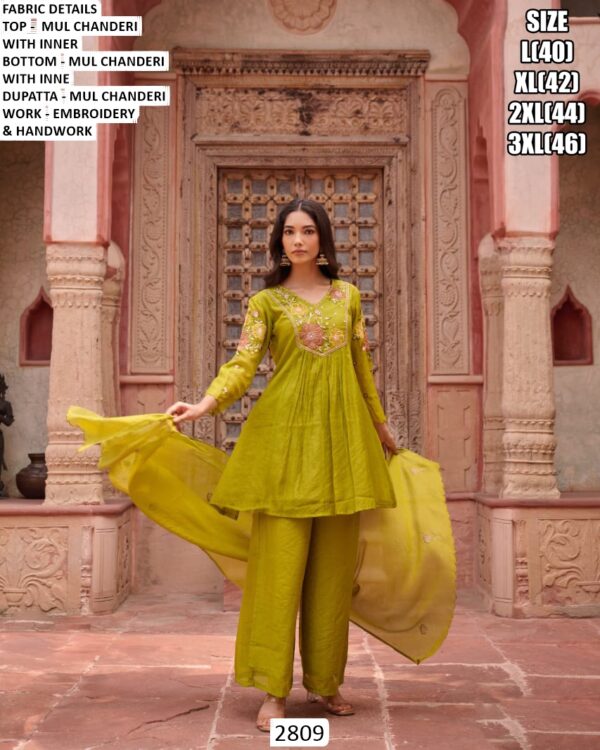 Buy Elegant Mul Chanderi Embroidery And Handwork Kurti With Plazo And Dupatta