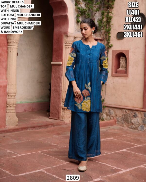 Buy Elegant Mul Chanderi Embroidery And Handwork Kurti With Plazo And Dupatta