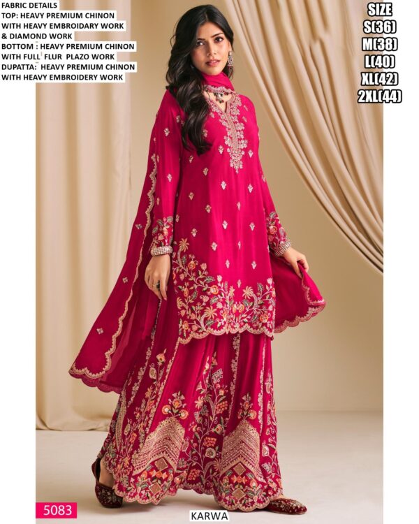 Traditional Functions Wear Heavy Embroidery And Diamond Work Chinon Plazo Suit Sets
