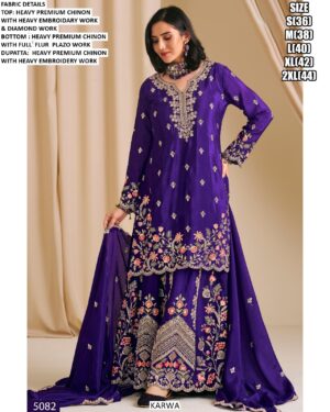 Traditional Functions Wear Heavy Embroidery And Diamond Work Chinon Plazo Suit Sets