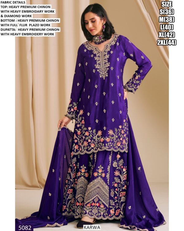 Traditional Functions Wear Heavy Embroidery And Diamond Work Chinon Plazo Suit Sets