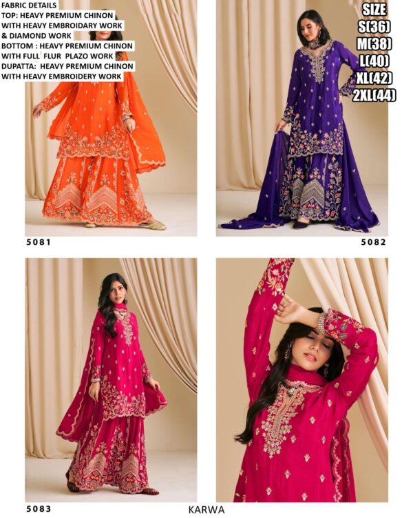 Traditional Functions Wear Heavy Embroidery And Diamond Work Chinon Plazo Suit Sets