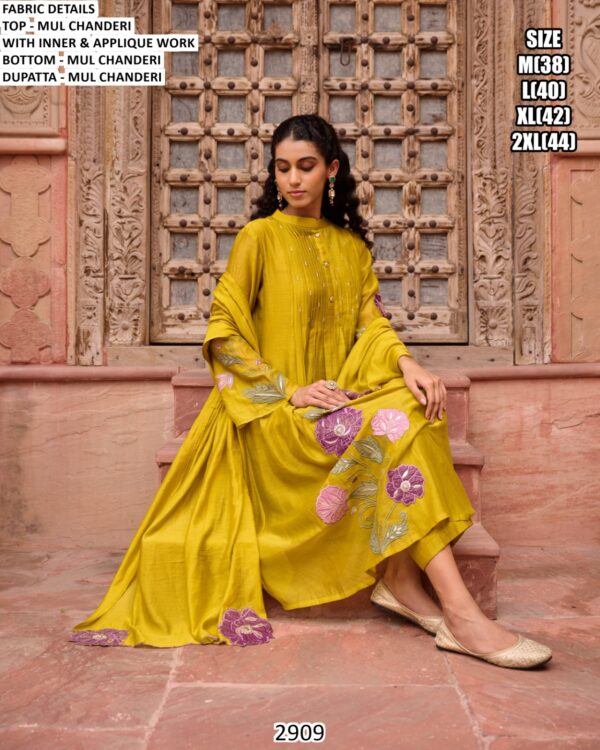 Our Three-Piece Mul Chanderi Applique Work Designer Suit Set For Women