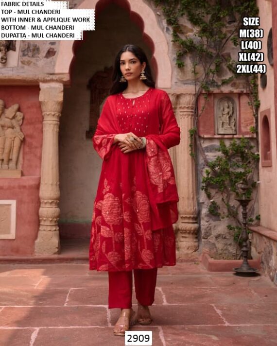 Our Three-Piece Mul Chanderi Applique Work Designer Suit Set For Women