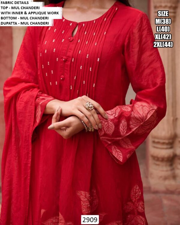 Our Three-Piece Mul Chanderi Applique Work Designer Suit Set For Women