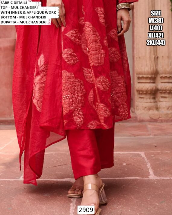 Our Three-Piece Mul Chanderi Applique Work Designer Suit Set For Women