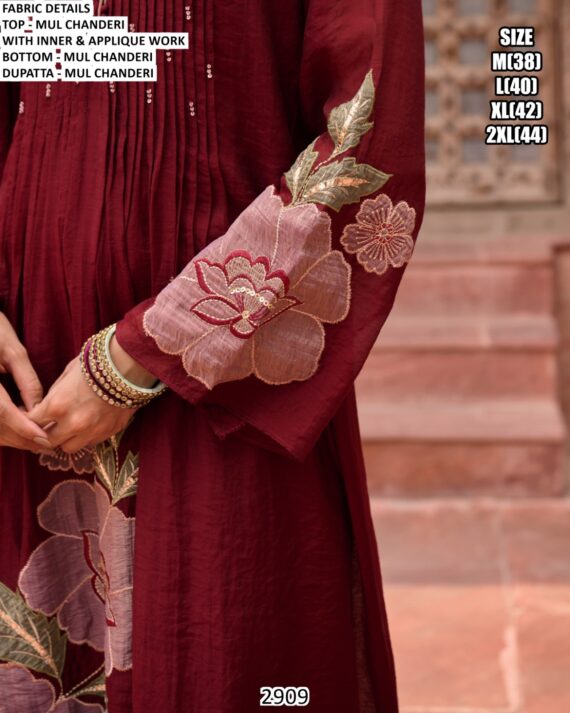 Our Three-Piece Mul Chanderi Applique Work Designer Suit Set For Women