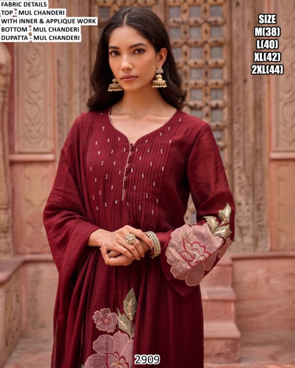 Our Three-Piece Mul Chanderi Applique Work Designer Suit Set For Women