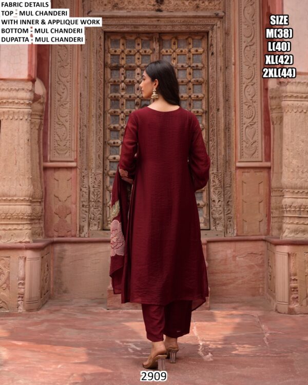 Our Three-Piece Mul Chanderi Applique Work Designer Suit Set For Women