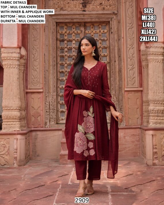 Our Three-Piece Mul Chanderi Applique Work Designer Suit Set For Women