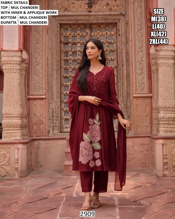 Our Three-Piece Mul Chanderi Applique Work Designer Suit Set For Women