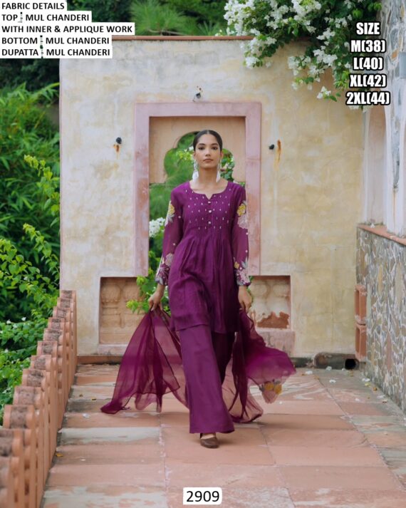 Buy Elegant Mul Chanderi Embroidery And Handwork Kurti With Plazo And Dupatta