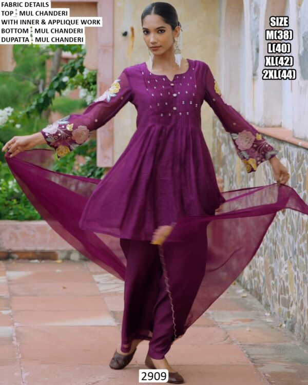 Buy Elegant Mul Chanderi Embroidery And Handwork Kurti With Plazo And Dupatta