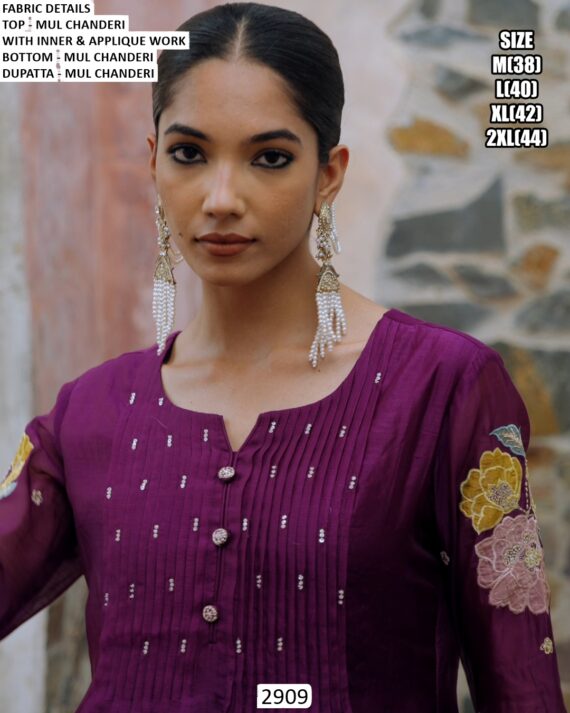 Buy Elegant Mul Chanderi Embroidery And Handwork Kurti With Plazo And Dupatta