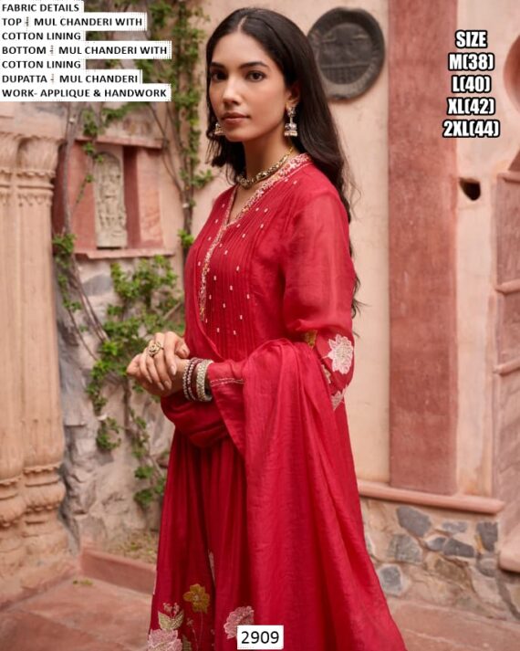 Our Three-Piece Mul Chanderi Applique Work Designer Suit Set For Women