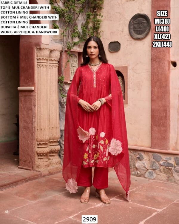 Our Three-Piece Mul Chanderi Applique Work Designer Suit Set For Women