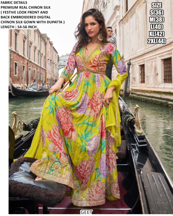 Presenting New Catalogue Geet, Premium Real Chinon Silk Embroidery Work Gown Collection