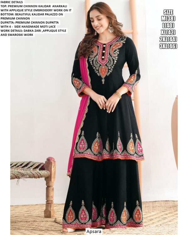 Readymade Chinon Embroidered Kalidar Anarkali Style Festive Wear Kurta With Plazo Suits