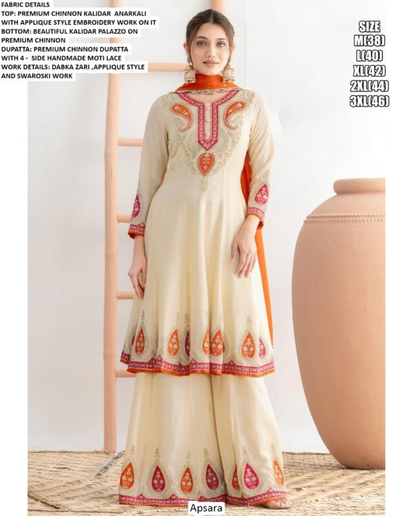 Readymade Chinon Embroidered Kalidar Anarkali Style Festive Wear Kurta With Plazo Suits