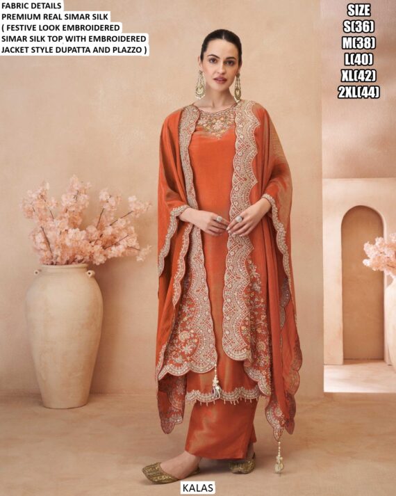 Buy Fantastic Embroidered Party Wear Readymade Simar Silk Salwar Suits With Jacket Style Dupatta