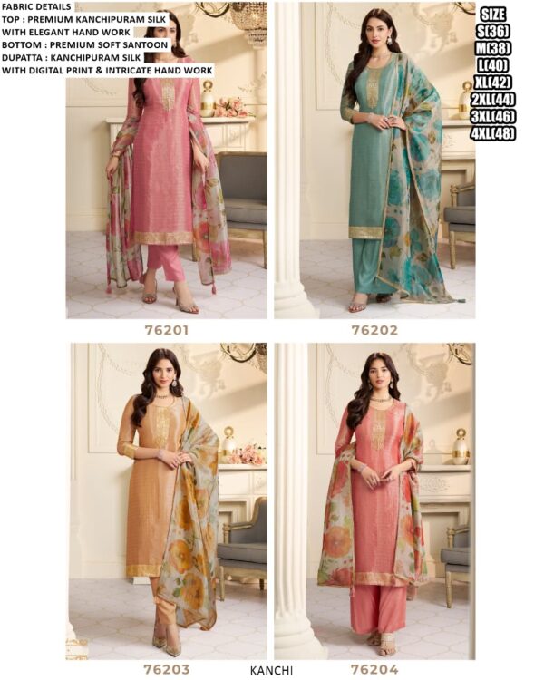 Party Style Premium Kanchipuram Silk Hand Worked Beautiful Un-Stitched Salwar Suits